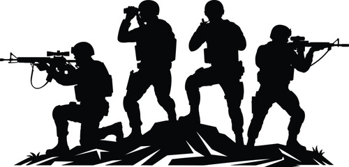 Obraz premium Silhouette of four soldiers on rocky terrain with weapons and binoculars