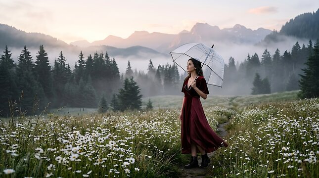Mystical Woman Playing Harp in Wildflower Meadow.