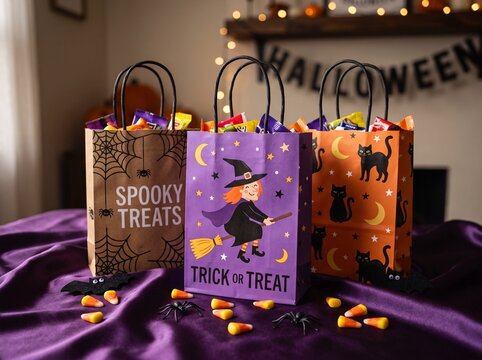 Children's Halloween goodie bags with candy on table in festive setting