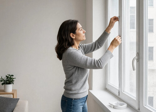Winter window weatherproofing process with woman sealing frame at