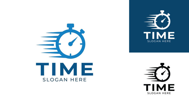 Minimalist stopwatch logo design featuring fast motion lines in bold blue and professional black colors