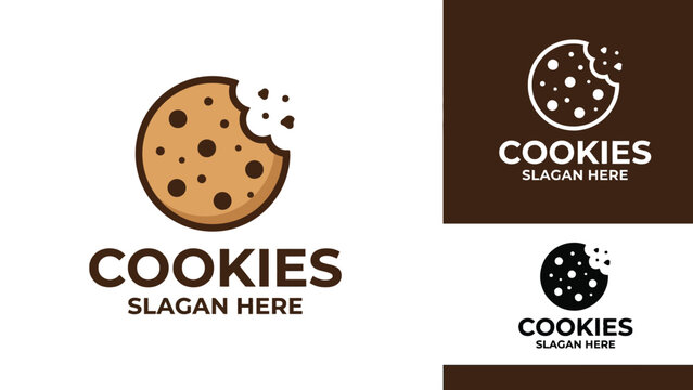 Delicious chocolate chip cookie logo design featuring a minimalist bitten snack icon on white background