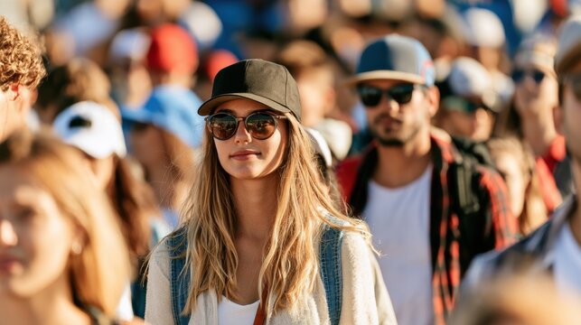 Young Woman Wearing Sunglasses and Cap in Festival Crowd
