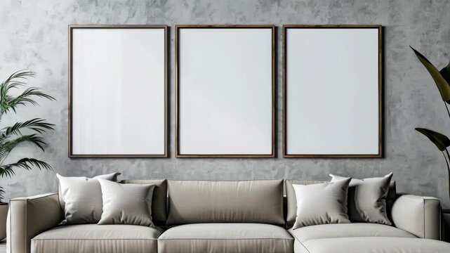 Three blank frame mockups on a textured wall in a minimalist living room