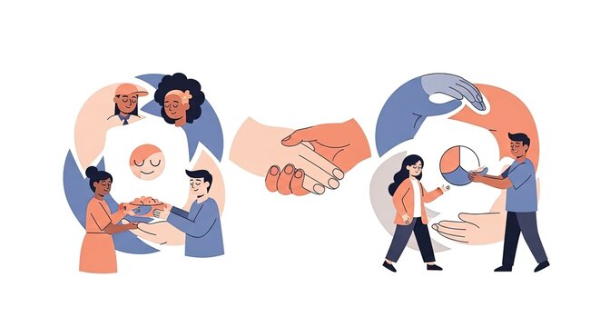 Diverse people collaborating in a positive cycle of teamwork, support, and shared success, emphasizing harmony and kindness.