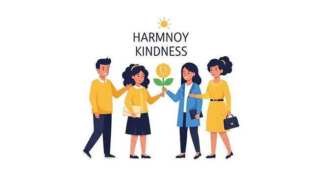 Diverse people sharing a flower symbolizing kindness and harmony, celebrating cooperation and positive relationships
