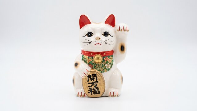Traditional Japanese lucky cat figurine holding gold coin captured inside studio on white background