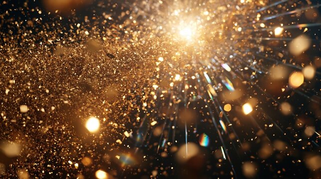 golden glitter particles shining bright on dark background
