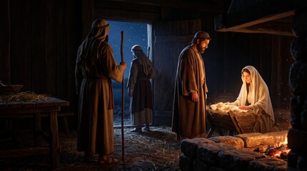 Obraz premium Nativity Scene of Jesus Christ Birth with Mary and Joseph in Stable with Shepherds Arriving