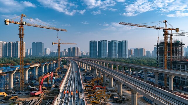 Large construction site with cranes and elevated railway