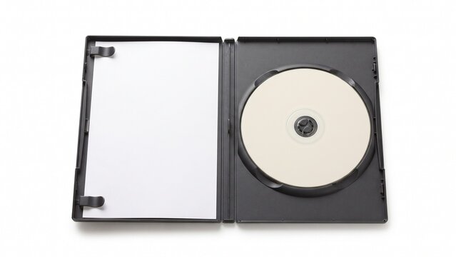 Open black plastic dvd case displaying blank insert paper disc on white background
