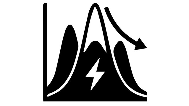 Energy peak demand graph icon, electricity consumption load curve with downward arrow, power usage optimization vector illustration for utility reports