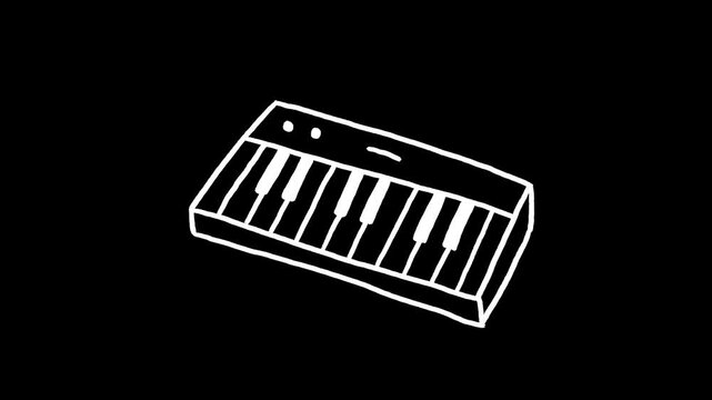 Piano keyboard hand drawn animation, animated synthesizer motion doodle sketch music midi controller audio electronic instrument melody rhythm, white strokes