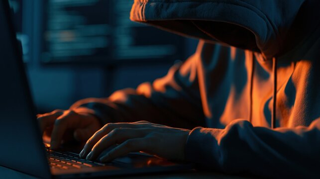 Hooded figure typing laptop in dark room with