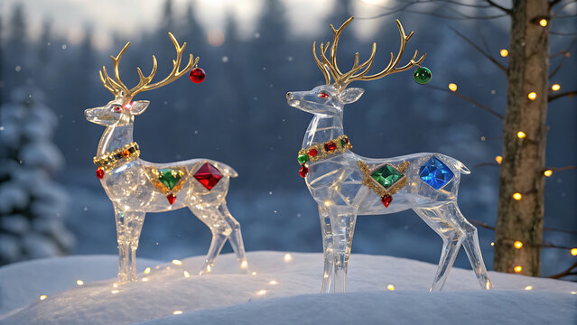 Illuminated crystal reindeer figurines in a snowy winter setting with crystal deer