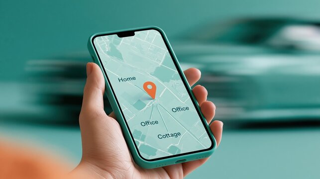 Hand holding smartphone displaying map navigation app with