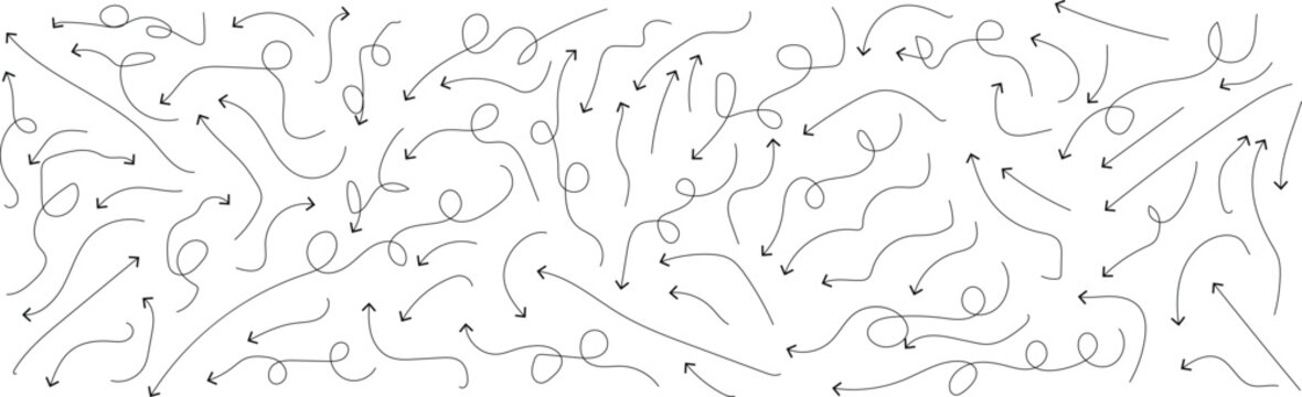 Diverse directional elements including curved, wavy, spiral, straight, and zigzag arrows on white background. Perfect for presentations, infographics, flowchar. Hand drawn doddle black arrow icon set.