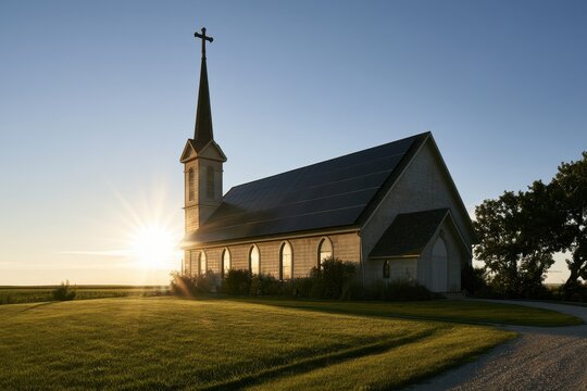 Sunlit church steeple with solar array in tranquil countryside