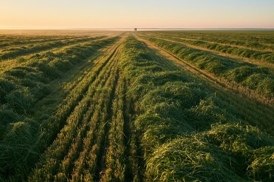 Sunlit field of freshly cut alfalfa windrows forming geometric patterns