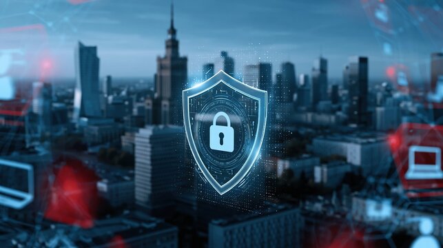 Digital security shield icon over city skyline