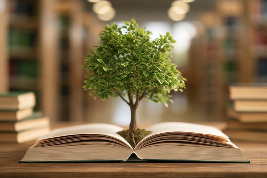 Green tree sprouting from open book in library