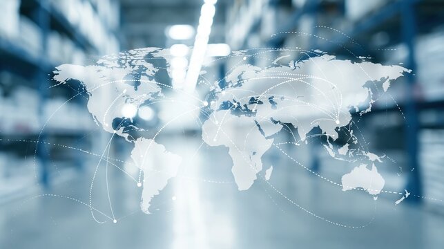 Global map network overlay on blurred warehouse interior