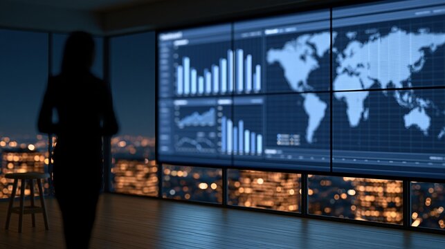 Silhouette of woman analyzing world map and data