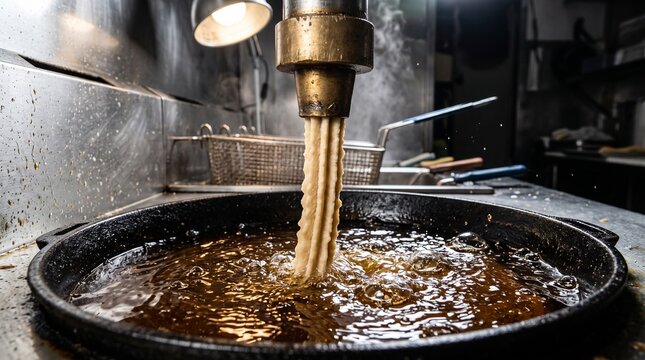 Churros dough extruding into hot oil inside professional deep fryer kitchen for catering.