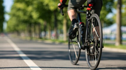 Obraz premium cyclist riding road bike along tree-lined street