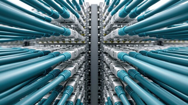 Rows of blue ethernet cables connecting to network
