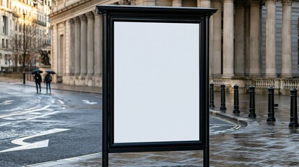 Obraz premium Empty black advertising sign stand on wet city