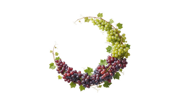 A crescentshaped wreath made of fresh green and purple grapes with vine leaves isolated on transparent background