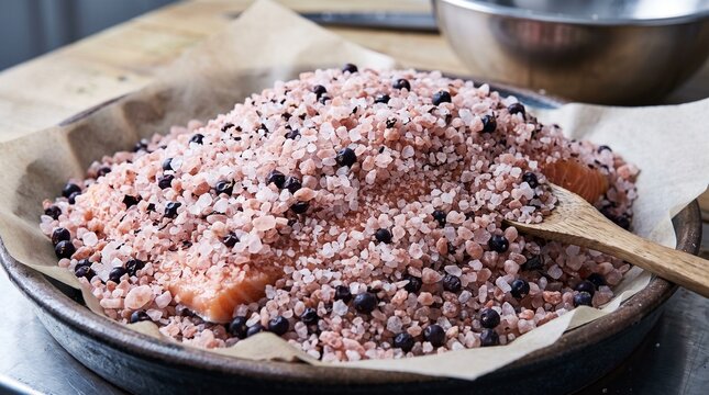 Fresh salmon fillets curing in bed of pink Himalayan salt and juniper berries on parchment.