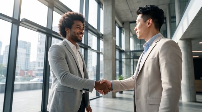 Smiling Black businessman and Asian male colleague handshaking in modern sunlit corporate office lobby, successful deal agreement, professional partnership, recruitment and business concept.