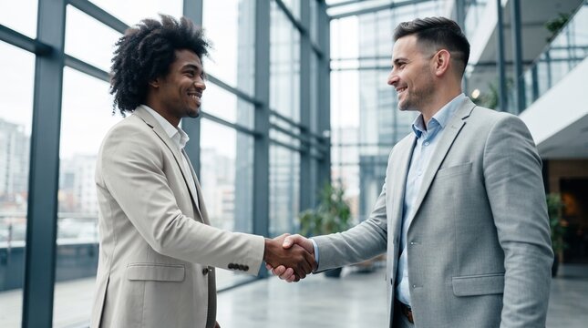 Smiling Black businessman with afro hairstyle shaking hands with Caucasian colleague in office. Business agreement, corporate partnership, successful contract and diversity concept.