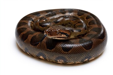 Obraz premium Coiled brown and black python on white background