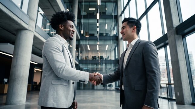 Diverse businessmen shaking hands in modern corporate office building atrium African American and Asian business partners closing deal handshake partnerships agreement business concept.