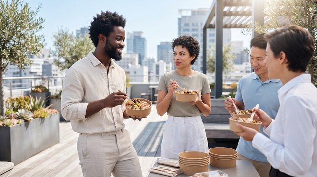 Diverse multiethnic colleagues eating healthy lunch bowls from eco packaging together on office rooftop terrace corporate team building food delivery wellness concept 
