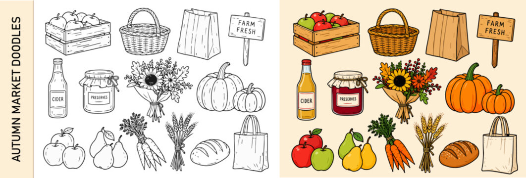 Seasonal autumn market vector doodles with pumpkins, apples, baskets and harvest goods