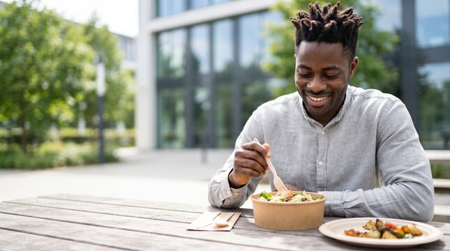 Smiling young African American man eating fresh healthy salad bowl during lunch break outdoors at office park, Black male worker enjoying organic vegetarian lunch on sunny summer day.