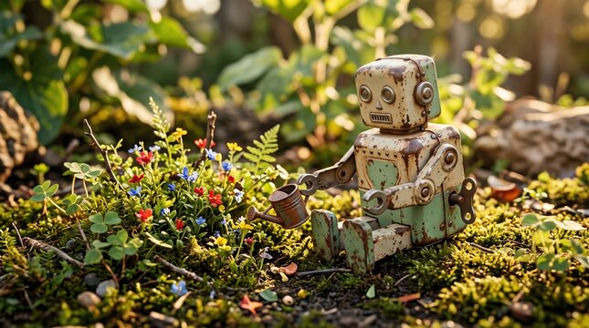 Cute Rusty Vintage Robot Watering Small Wildflowers in the Garden on Mossy Ground
