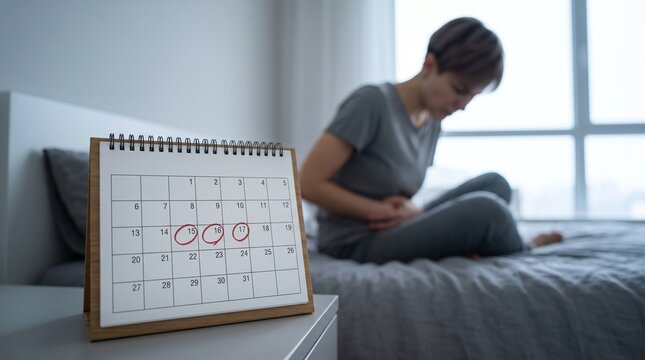 Paper calendar with circled period dates on bedside table and blurred woman with short hair holding stomach in pain on bed in background menstrual cramps gynecology health concept