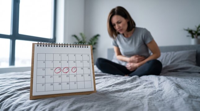 Woman holding aching stomach suffering from severe menstrual period pain cramps sitting on bed at home near calendar tracker with marked cycle days for health care and medical concept