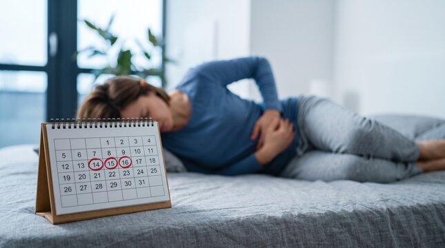 Desk calendar showing period cycle tracking with blurred woman lying on bed suffering from severe stomach ache and menstrual cramps painful abdominal pain pms health care medical concept.