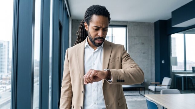 Concerned Black businessman with dreadlocks checking his wrist watch near office window, concept for time management, waiting for appointment, business deadline and late arrival.