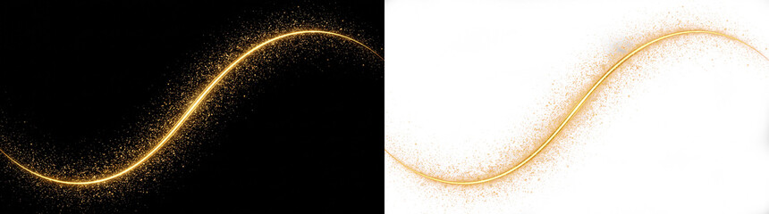 Obraz premium Golden glitter wave trail on black and white background, sparkling gold dust particles in curved motion, elegant metallic shimmer line for luxury branding