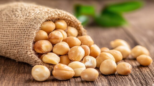 Burlap Bag of Macadamia Nuts: A rustic burlap sack spills its bounty of creamy macadamia nuts onto a weathered wooden surface, hinting at nature's wholesome goodness.