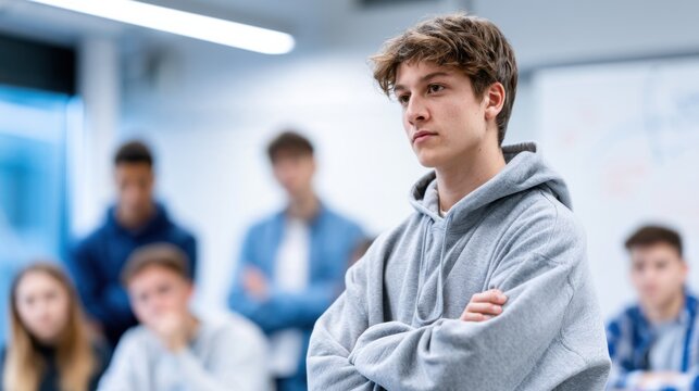 A young man wearing a gray hoodie, standing with his arms crossed, looking off to the side with a serious expression. He is in a classroom setting with other students in the background