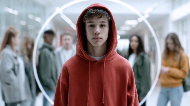 A young boy in a red hoodie, standing in a school hallway with other students blurred in the background. A white circular outline surrounds the boy, creating a sense of isolation or focus