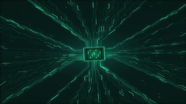 Digital cpu processor chip with glowing circuit board data flow animation technology